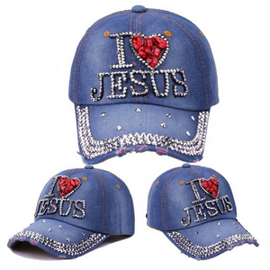 Cotton Denim Bling Baseball Cap with Jesus Beaded and Embellished Rhinestone Leather Strap Back Closure