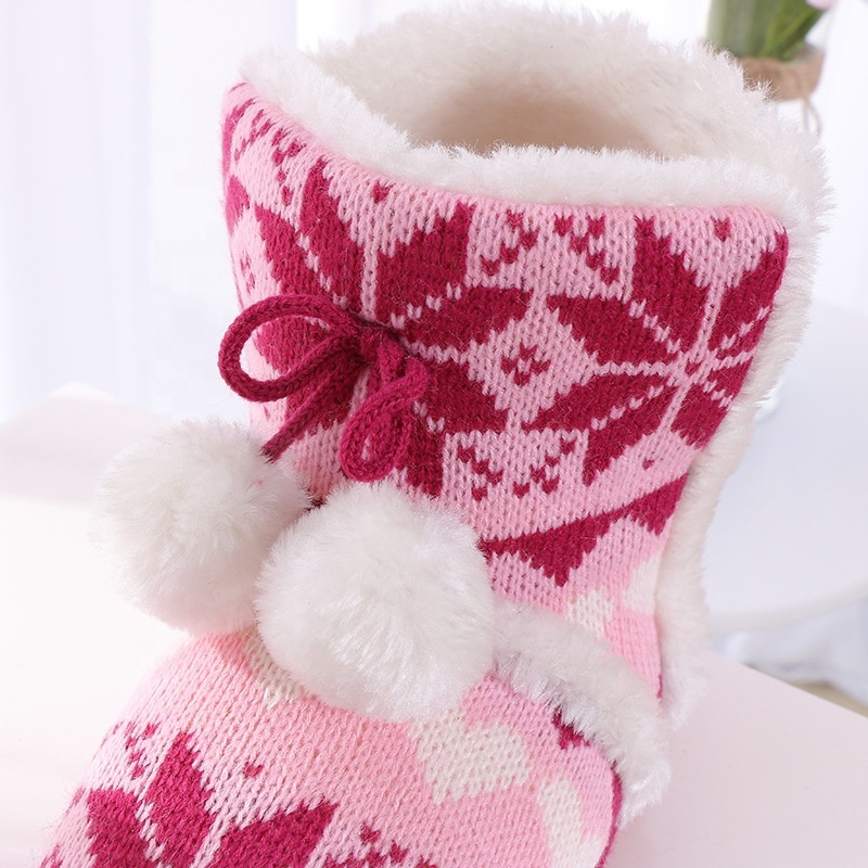 Snowflake knitted winter warm home slipper booties indoor boots with cosy sherpa lining and  non-slip TPR out sole