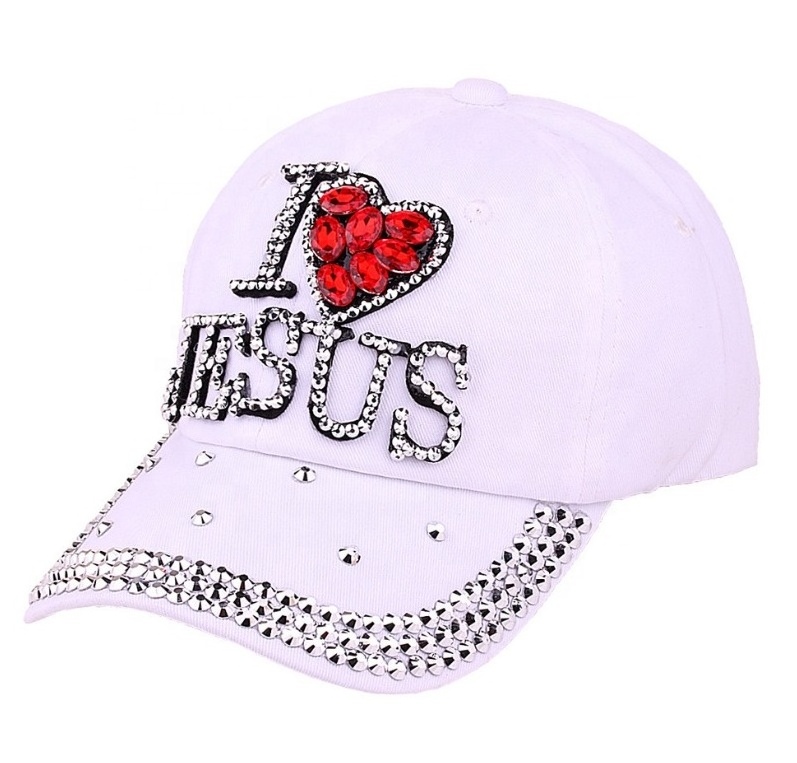 Cotton Denim Bling Baseball Cap with Jesus Beaded and Embellished Rhinestone Leather Strap Back Closure