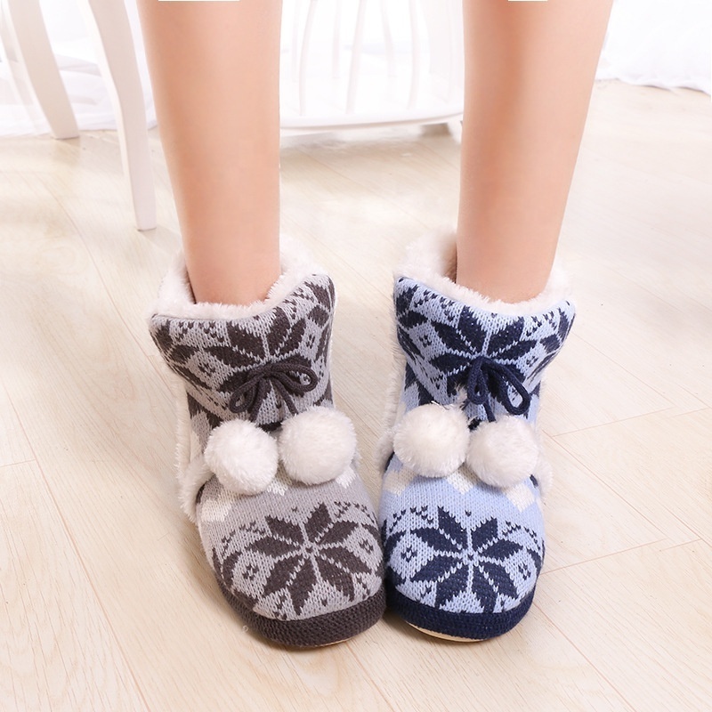 Snowflake knitted winter warm home slipper booties indoor boots with cosy sherpa lining and  non-slip TPR out sole