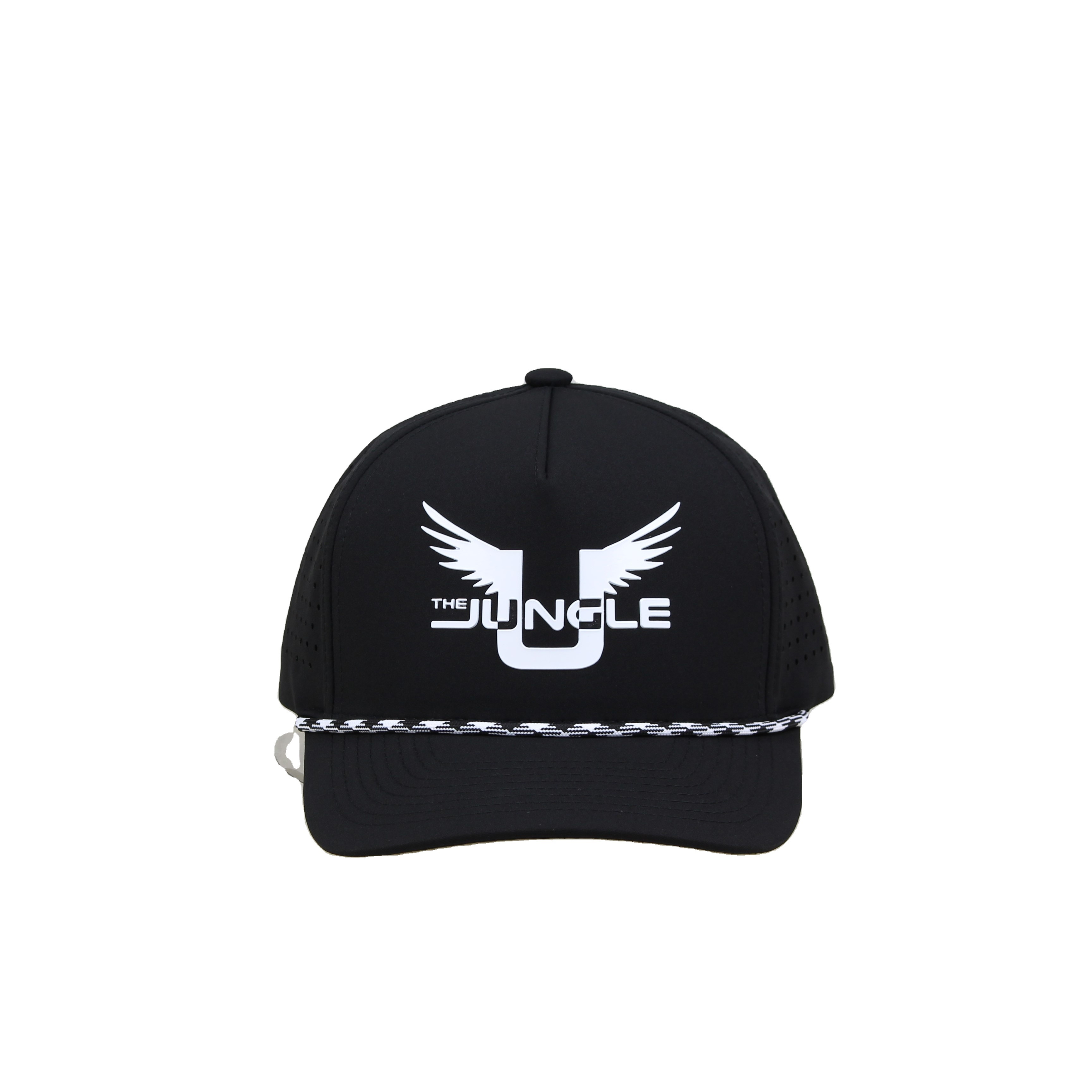 Custom 5 Panel Baseball Cap Rubber Raised Logo Waterproof And Breathable Laser Cut Hole Sport Cap With Nylon Rope