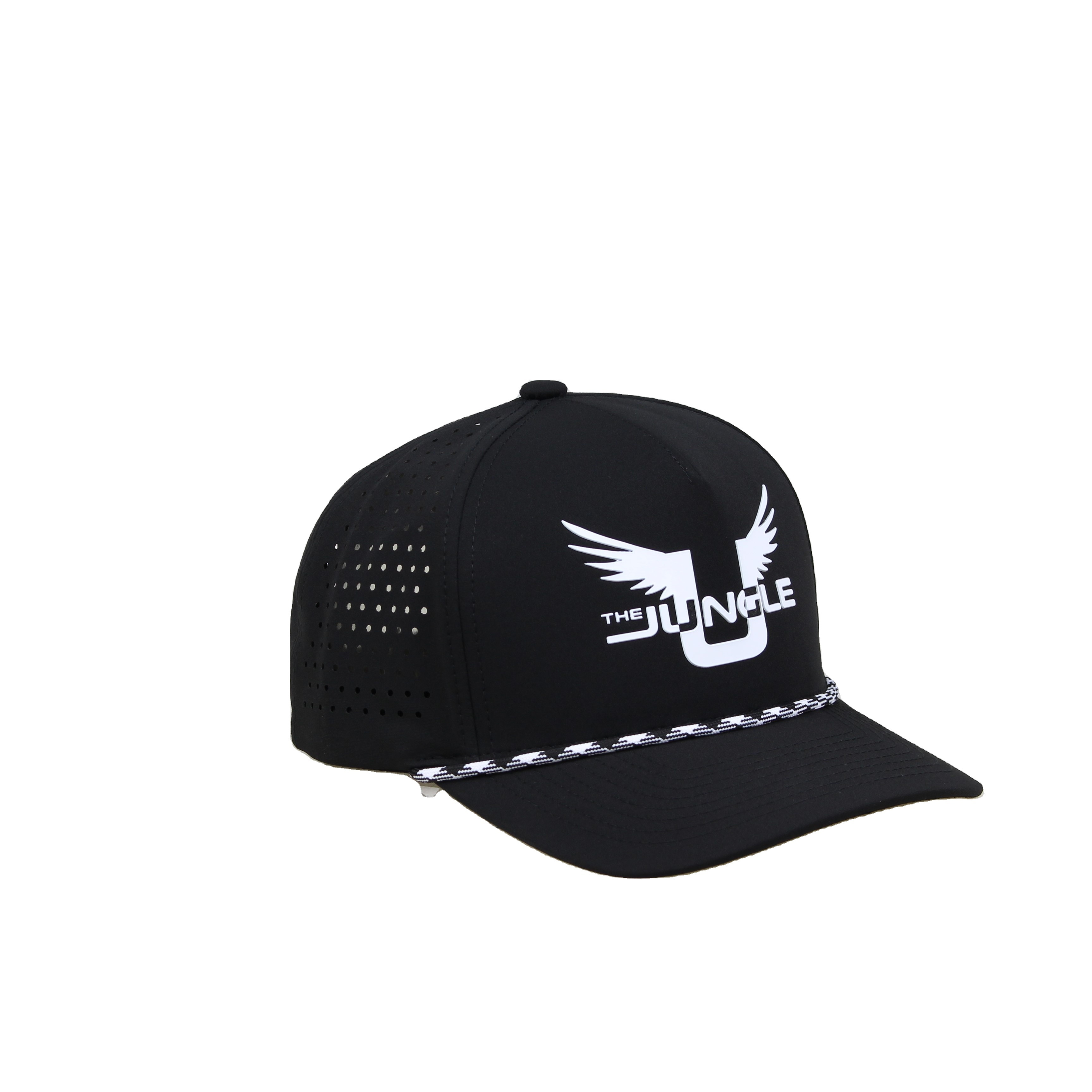 Custom 5 Panel Baseball Cap Rubber Raised Logo Waterproof And Breathable Laser Cut Hole Sport Cap With Nylon Rope