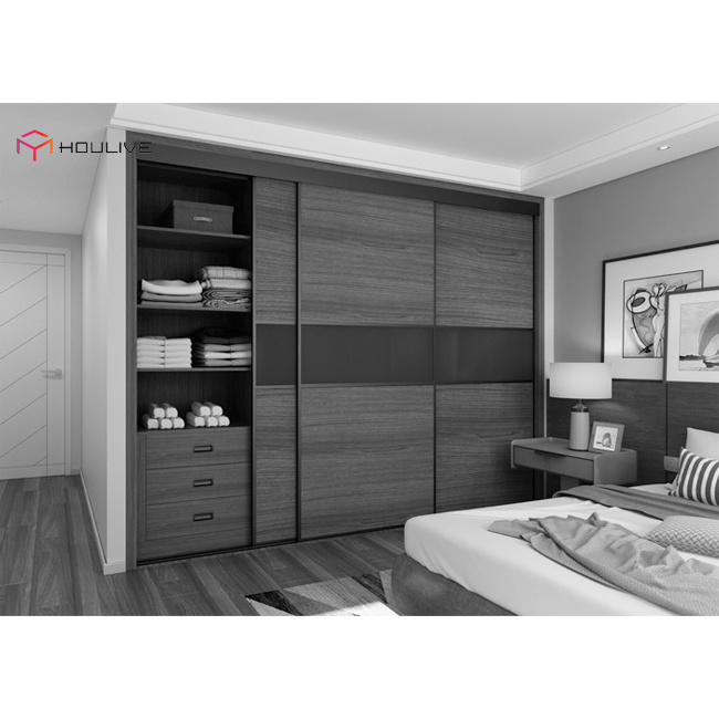 Modern grey wooden color sliding door wardrobe with glass