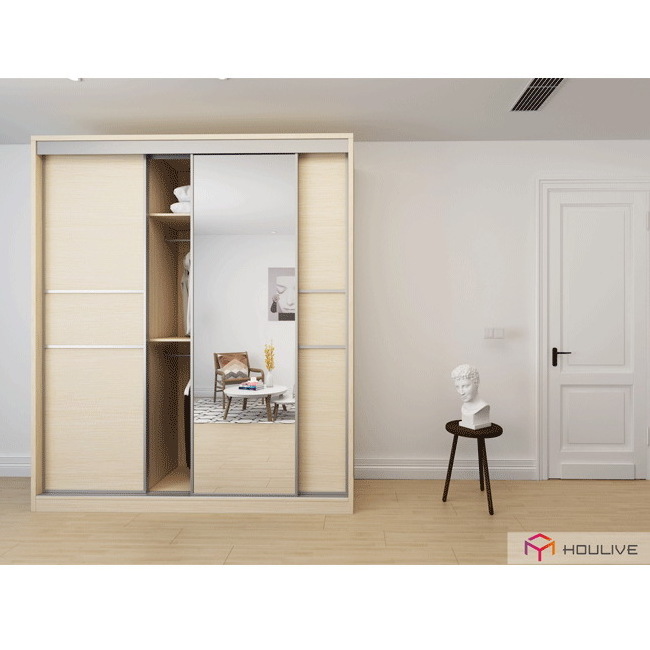 Bedroom use wooden color 3 door sliding door wardrobe armoire free standing closet style