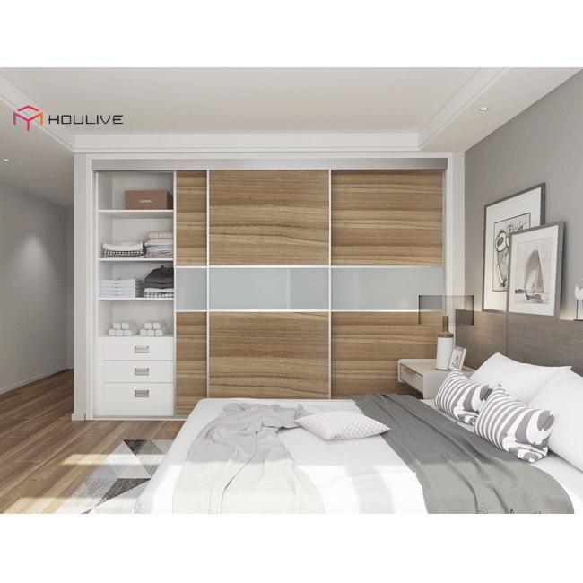 Bedroom use wooden color 3 door sliding door wardrobe armoire free standing closet style