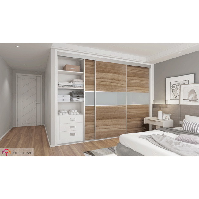 Bedroom use wooden color 3 door sliding door wardrobe armoire free standing closet style