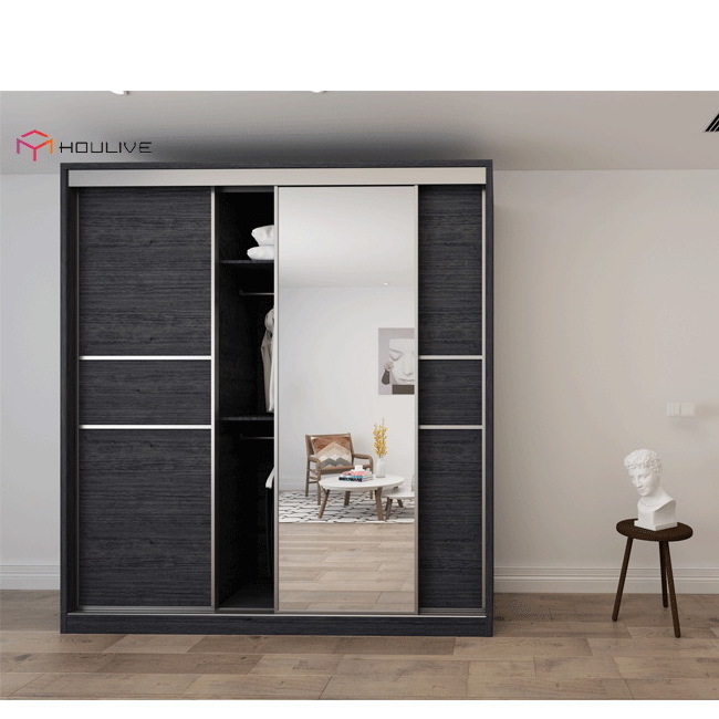 Bedroom use wooden color 3 door sliding door wardrobe armoire free standing closet style