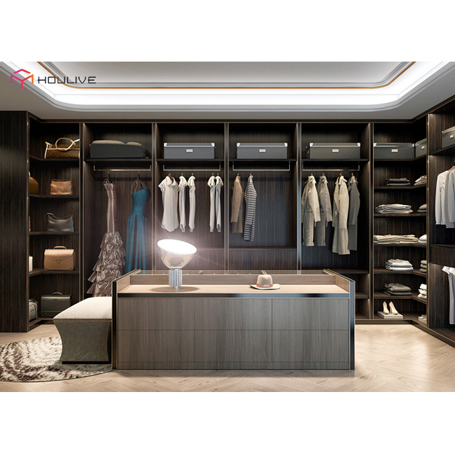 Modern walk in wardrobe designs with closet island middle