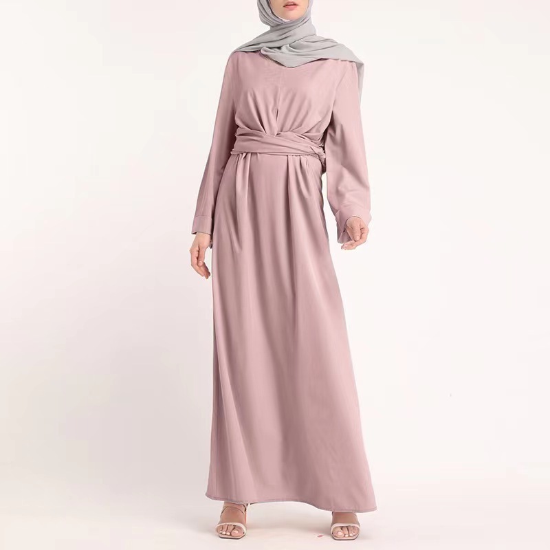 Middle Eastern Arab Women's Formal Long Dress Lace up Waist Robe Vintage Cocktail Casual Muslim Kaftan Abaya Maxi Dress