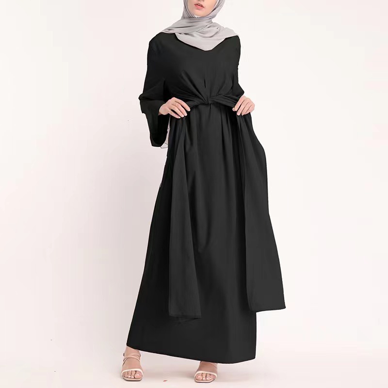 Middle Eastern Arab Women's Formal Long Dress Lace up Waist Robe Vintage Cocktail Casual Muslim Kaftan Abaya Maxi Dress