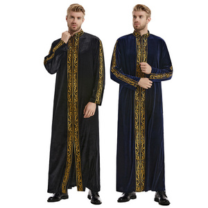 Men's Arab Muslim Islamic Gold Velvet Stand Collar Long Sleeves Robe Thobe