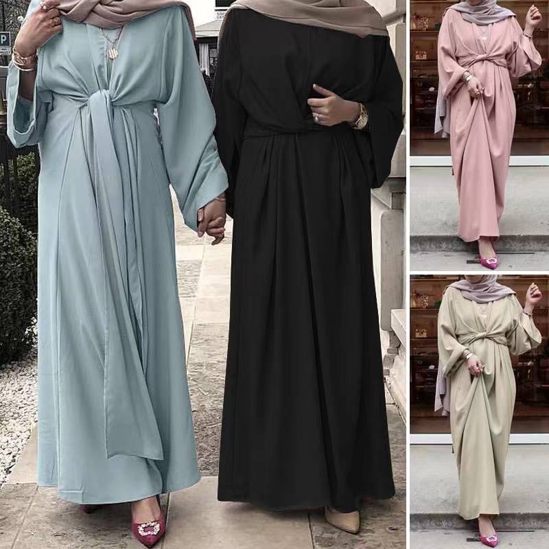 Middle Eastern Arab Women's Formal Long Dress Lace up Waist Robe Vintage Cocktail Casual Muslim Kaftan Abaya Maxi Dress