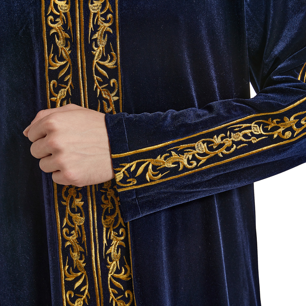 Men's Arab Muslim Islamic Gold Velvet Stand Collar Long Sleeves Robe Thobe