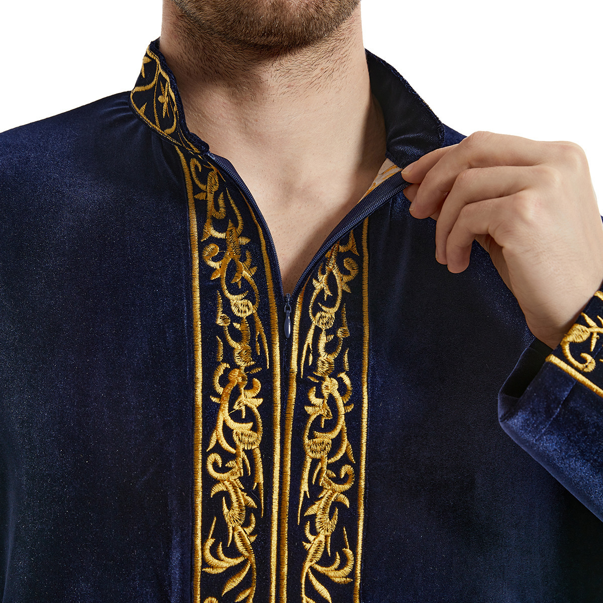 Men's Arab Muslim Islamic Gold Velvet Stand Collar Long Sleeves Robe Thobe