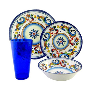 SEBEST factory Round Retro Printing melamine dinner Embossed Surface Melamine dinnerware set Tableware 4 pieces