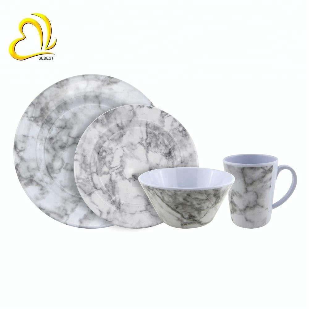 SEBEST  Marble Design Unbreakable Hotel Dinner Set Plastic Customized Melamine Dinnerware Sets