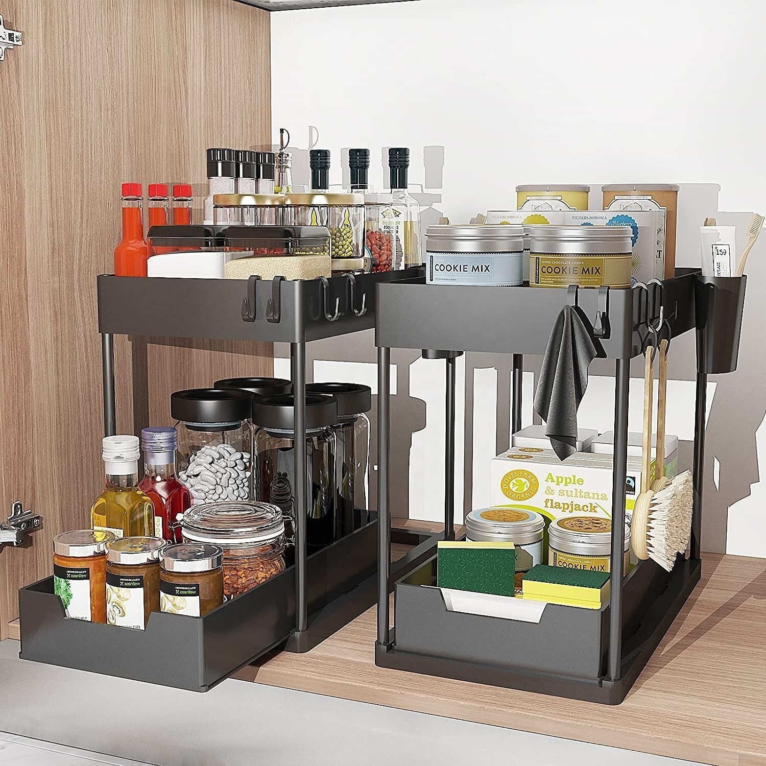 Multi-Functional 2-PACK Under Sink Organizers and Storage with Sliding Drawer, 2-Tier Bathroom Under Sink Shelf Rack