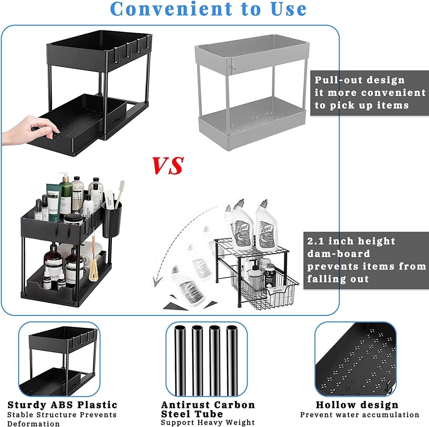 Multi-Functional 2-PACK Under Sink Organizers and Storage with Sliding Drawer, 2-Tier Bathroom Under Sink Shelf Rack