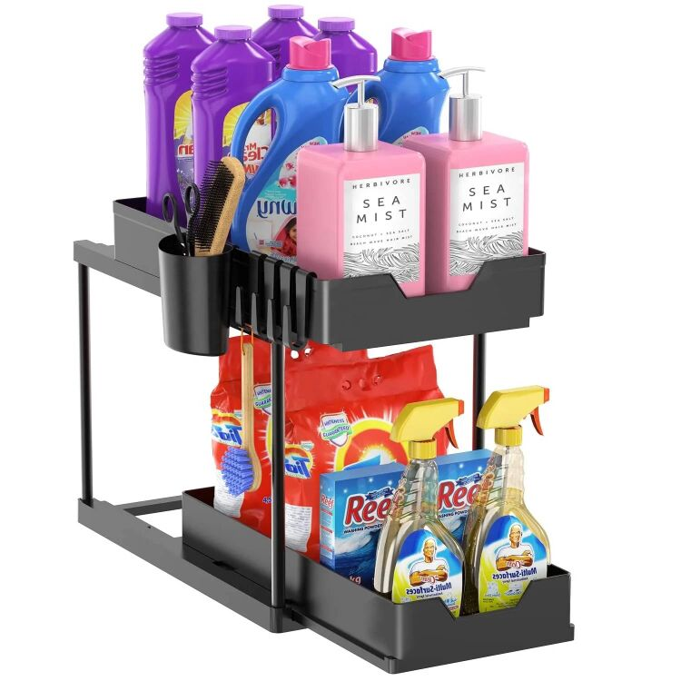 Under Sink Organizers and Storage, 2 Tier Sliding Bathroom organizer, Multi-Use Under Kitchen Cabinet Storage Shelf