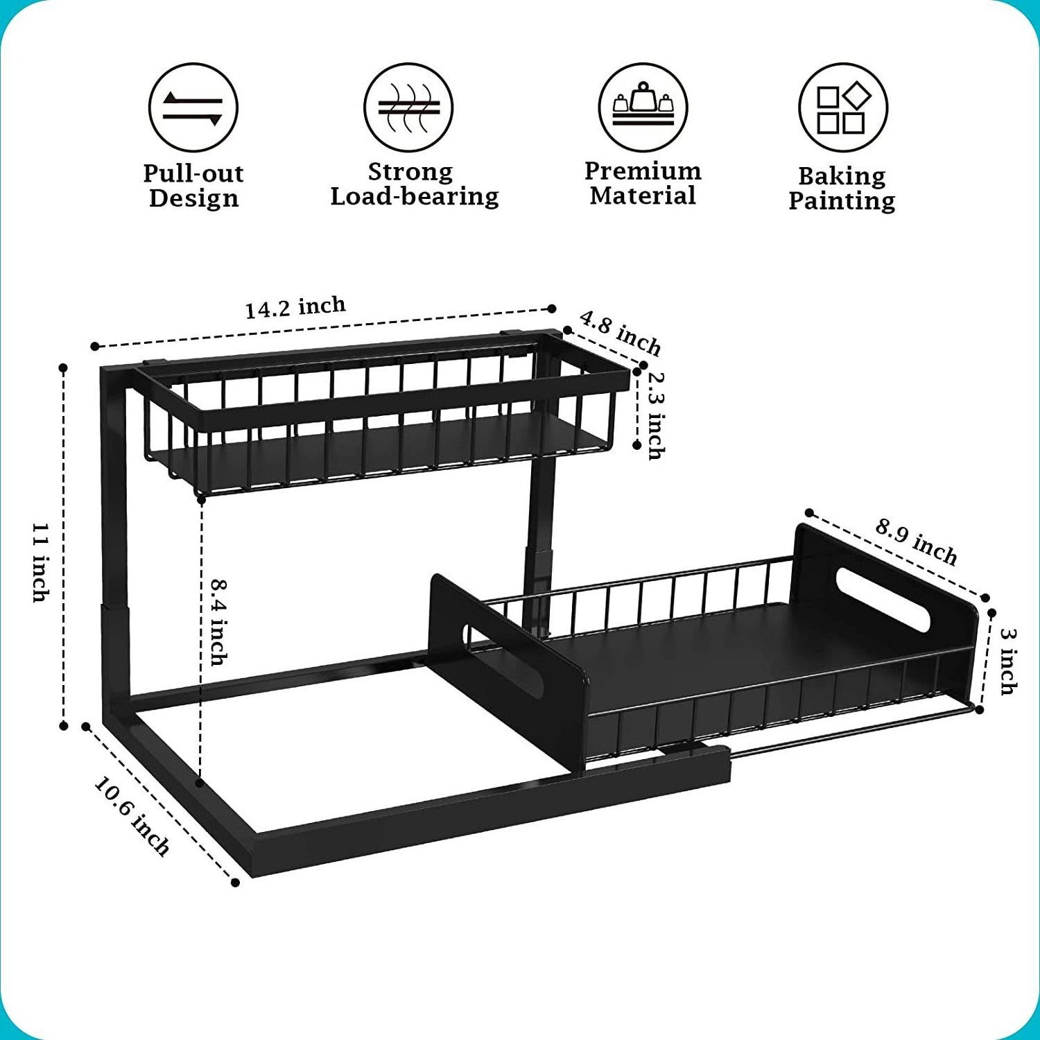 2-Tier Under Sink Pull Out Cabinet Storage Shelf with Sliding Storage Wire Basket Drawer for Bathroom Kitchen