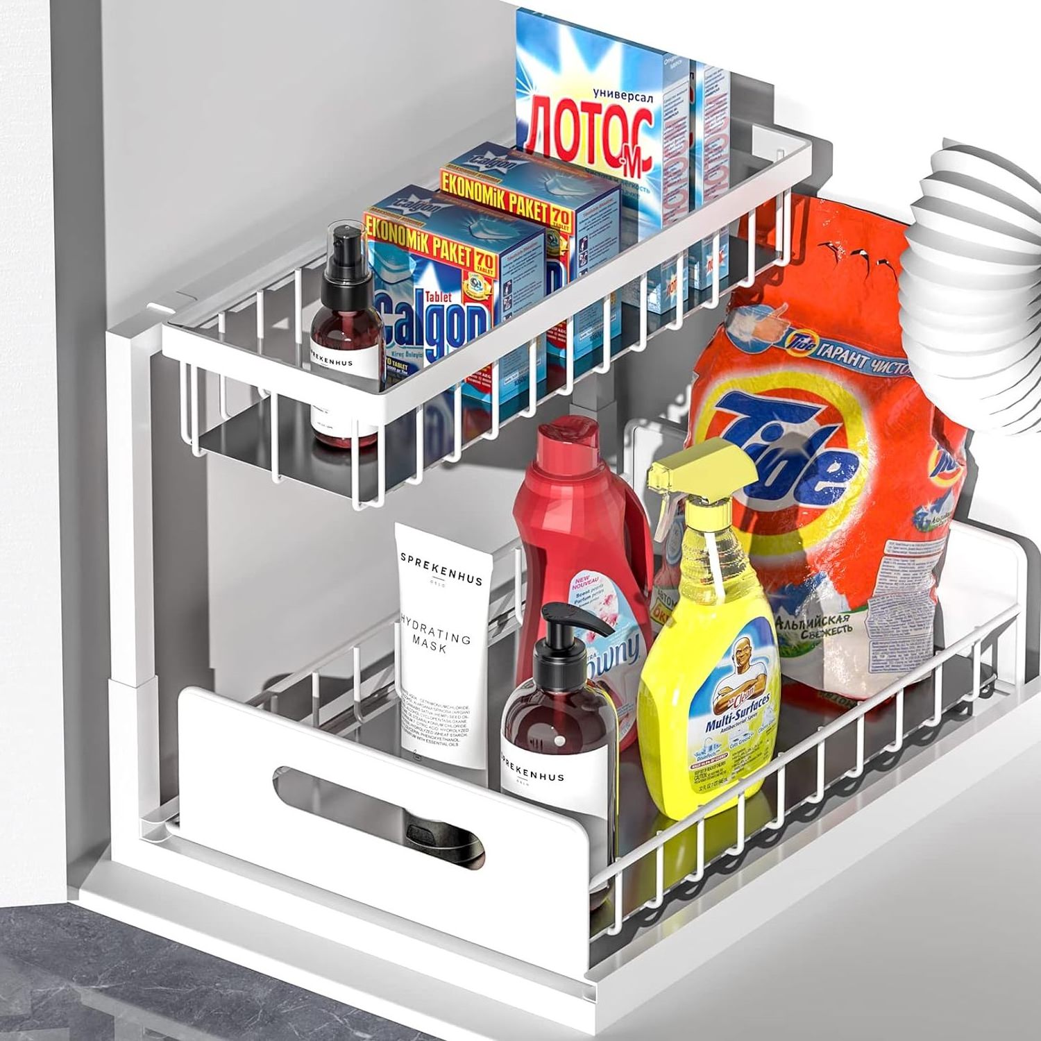 2-Tier Under Sink Pull Out Cabinet Storage Shelf with Sliding Storage Wire Basket Drawer for Bathroom Kitchen