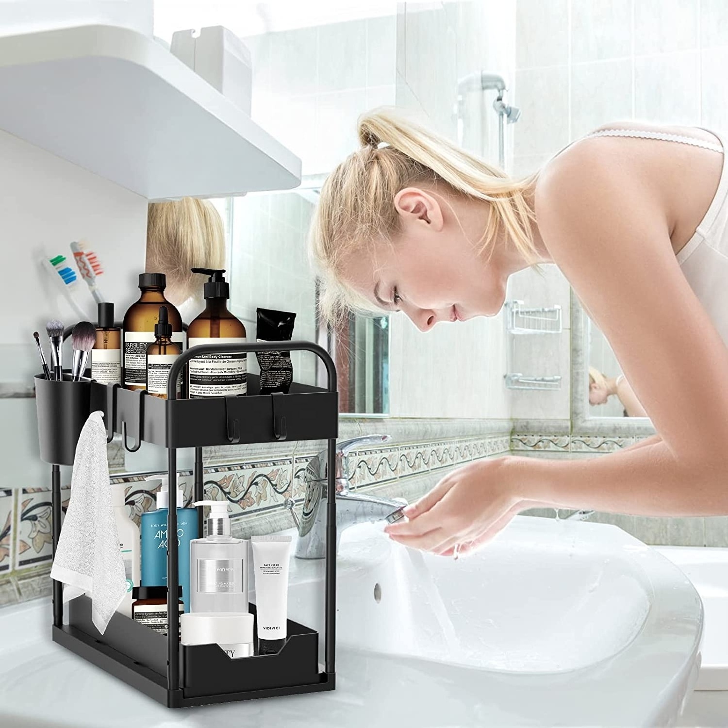 Under Sink Organizer Adjustable Height Under Sink Organizers and Storage 2-Tier Under Cabinet