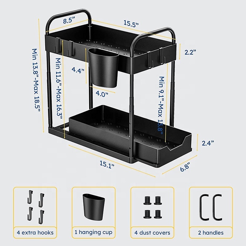 Sliding Drawer Bathroom Kitchen Sink Organizer with 4 Hooks 2 Handles, Multi-purpose Under Cabinet Shelf, Bath Collection Basket