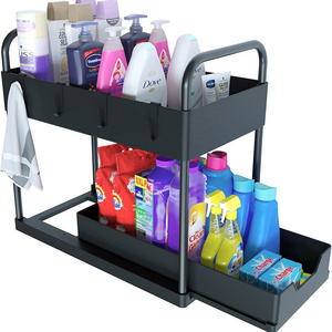 Sliding Drawer Bathroom Kitchen Sink Organizer with 4 Hooks 2 Handles, Multi-purpose Under Cabinet Shelf, Bath Collection Basket