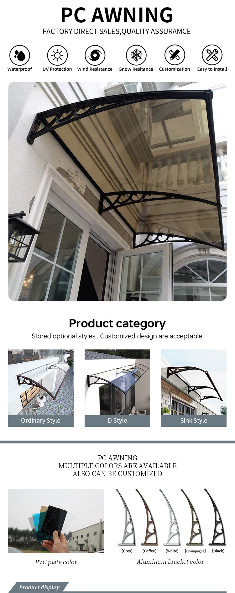 FLY Rain Cover Canopy Aluminum Awning Window For House Multiple Sizes Door Awning Uv Protected Front Door Awning