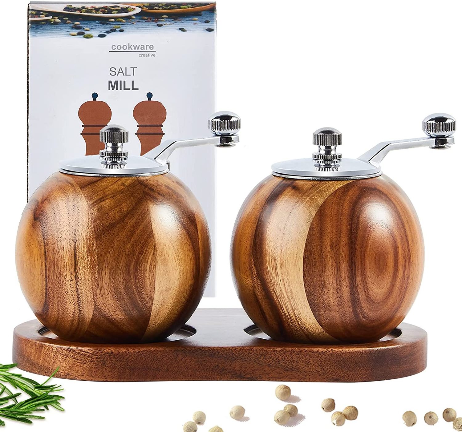 Refillable Round Ball Manual Cute Acacia Wood Salt & Pepper Grinder Mill with Hard Ceramic Grinding Mechanism for Spices &Seeds