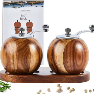 Refillable Round Ball Manual Cute Acacia Wood Salt & Pepper Grinder Mill with Hard Ceramic Grinding Mechanism for Spices &Seeds