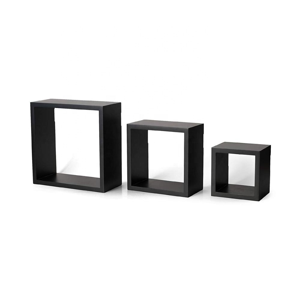 Houselin wooden simple style Black Decorative Wall Square Set 3 Cube Living Room Floating Display Shelf