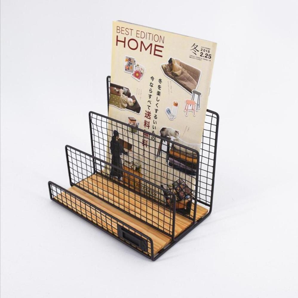 Free-Standing Counter Top Black Metal Magazine Holder with wooden base Newspapers Mails Envelopes Organizer Metal Magazine Rack