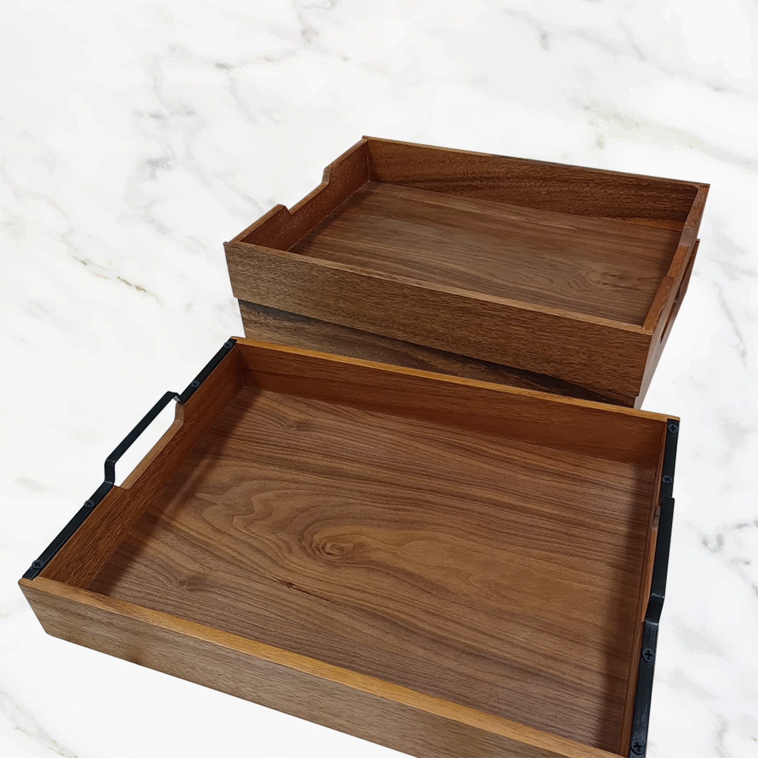 Bamboo Food Serving Tray Set with Handle Torched Brown Tan Rustic Wooden  Nesting Multipurpose Trays  for Breakfast Coffee 3 pcs