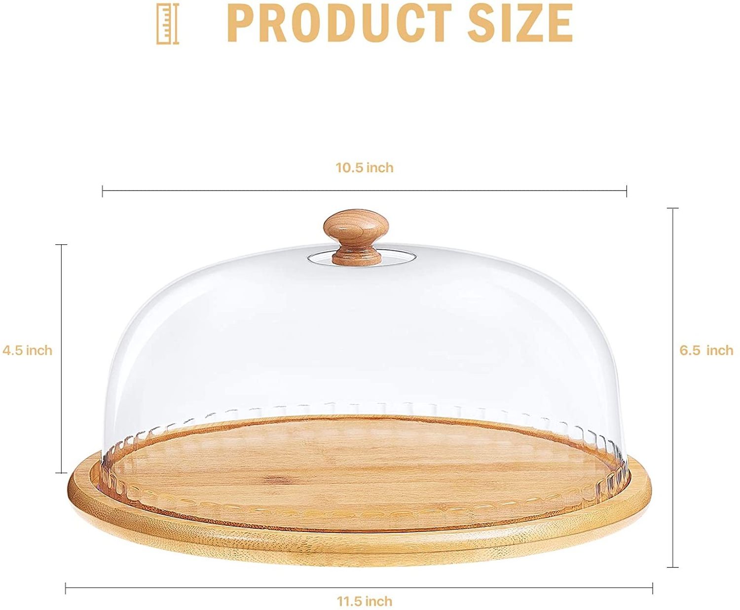 Bamboo Acacia Round Rotating Cake Stand with Dome Plate with Acrylic Glass Lid Cake Holder with Clear Cover Wooden Top