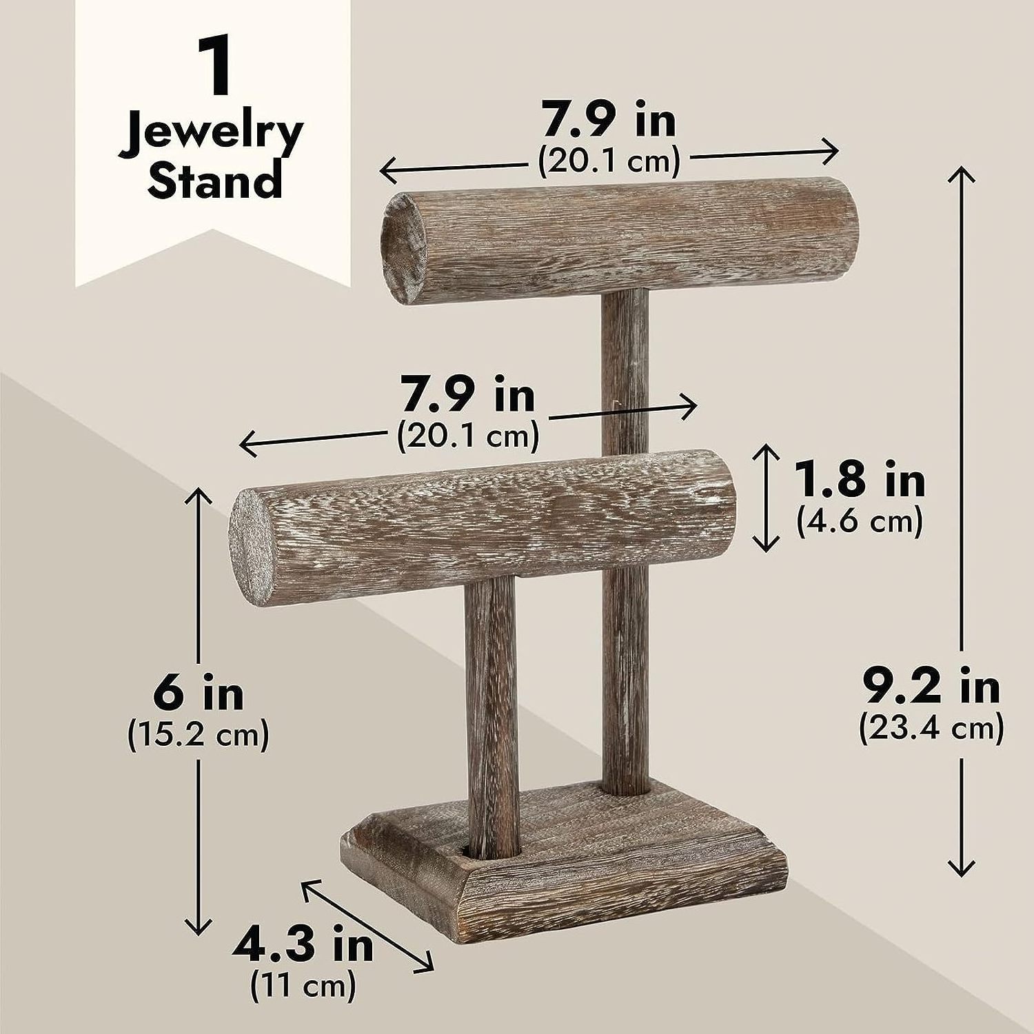 Rustic-Style 2-Tier Jewelry Organizer Stand Wooden T-Bar Necklace Rack Bracelet Holder Display for Selling Bangle Watch Tower