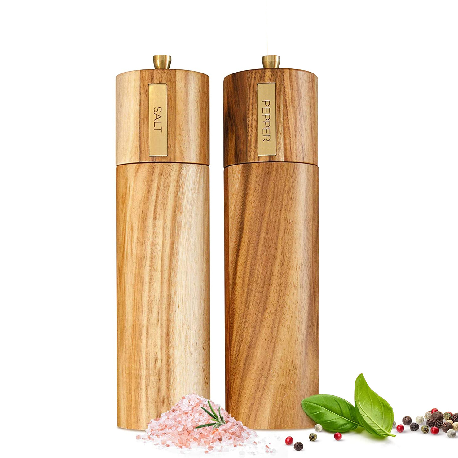 Premium luxury high quality mill wooden customizable abrasives acacia wood salt and pepper grinder set