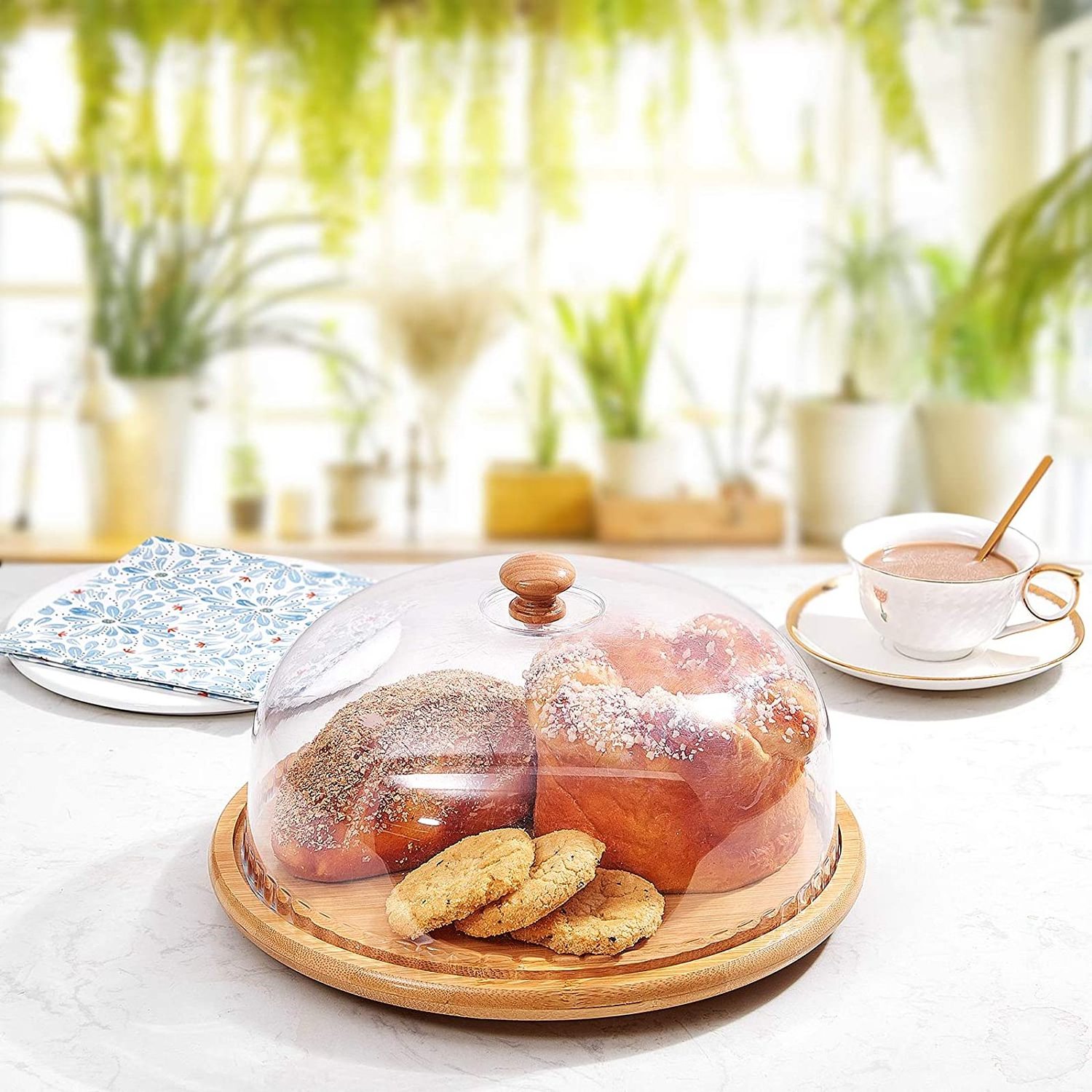 Bamboo Acacia Round Rotating Cake Stand with Dome Plate with Acrylic Glass Lid Cake Holder with Clear Cover Wooden Top