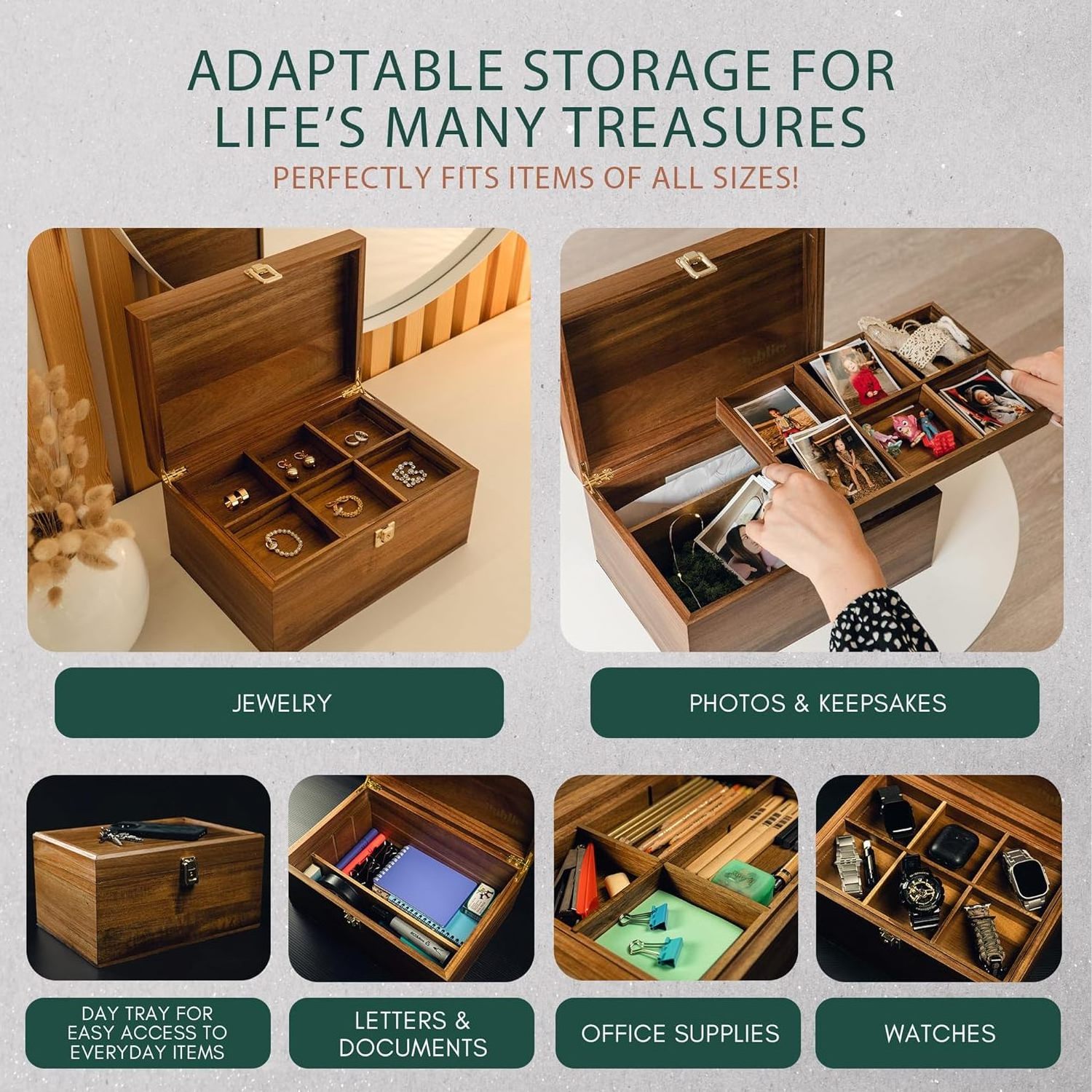 Acacia Wood Premium Storage Box Wooden Smell Proof Lock Box with Removable Wood Tray Herb Stash Case Organizer Container Solid