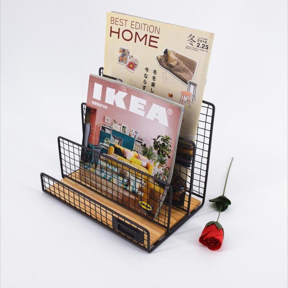 Free-Standing Counter Top Black Metal Magazine Holder with wooden base Newspapers Mails Envelopes Organizer Metal Magazine Rack