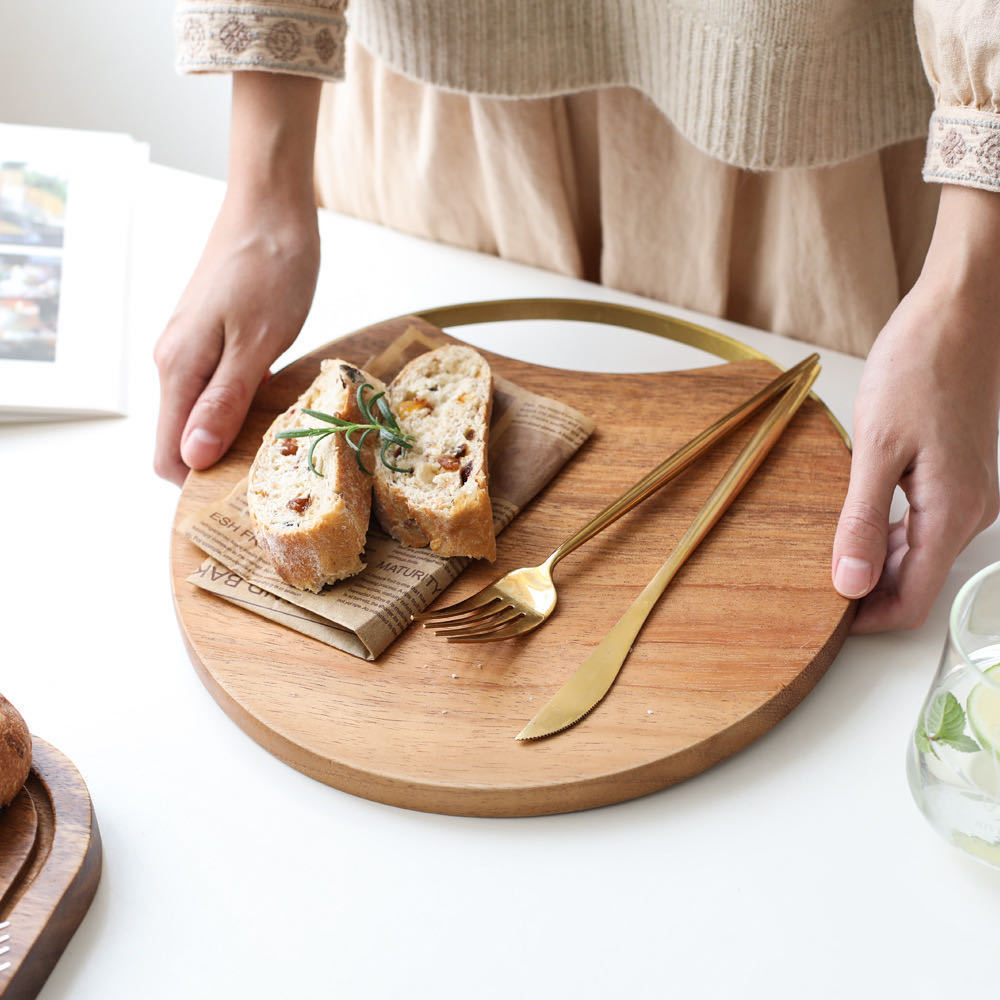 Acacia Wood Cutting Board Natural Wooden Round Chopping Board With Round Handle 12inches Large Round Charcuterie Board Food Tray