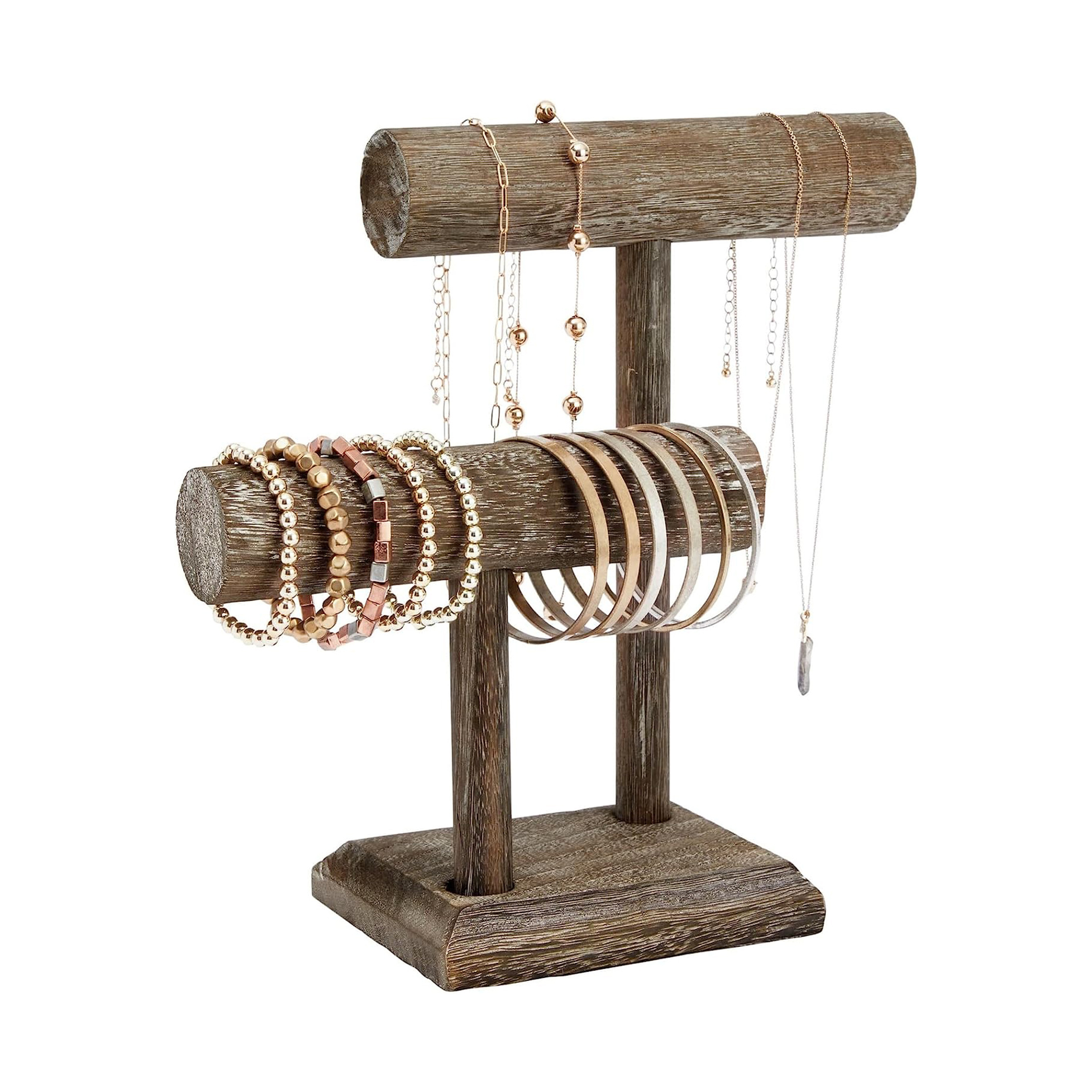 Rustic-Style 2-Tier Jewelry Organizer Stand Wooden T-Bar Necklace Rack Bracelet Holder Display for Selling Bangle Watch Tower