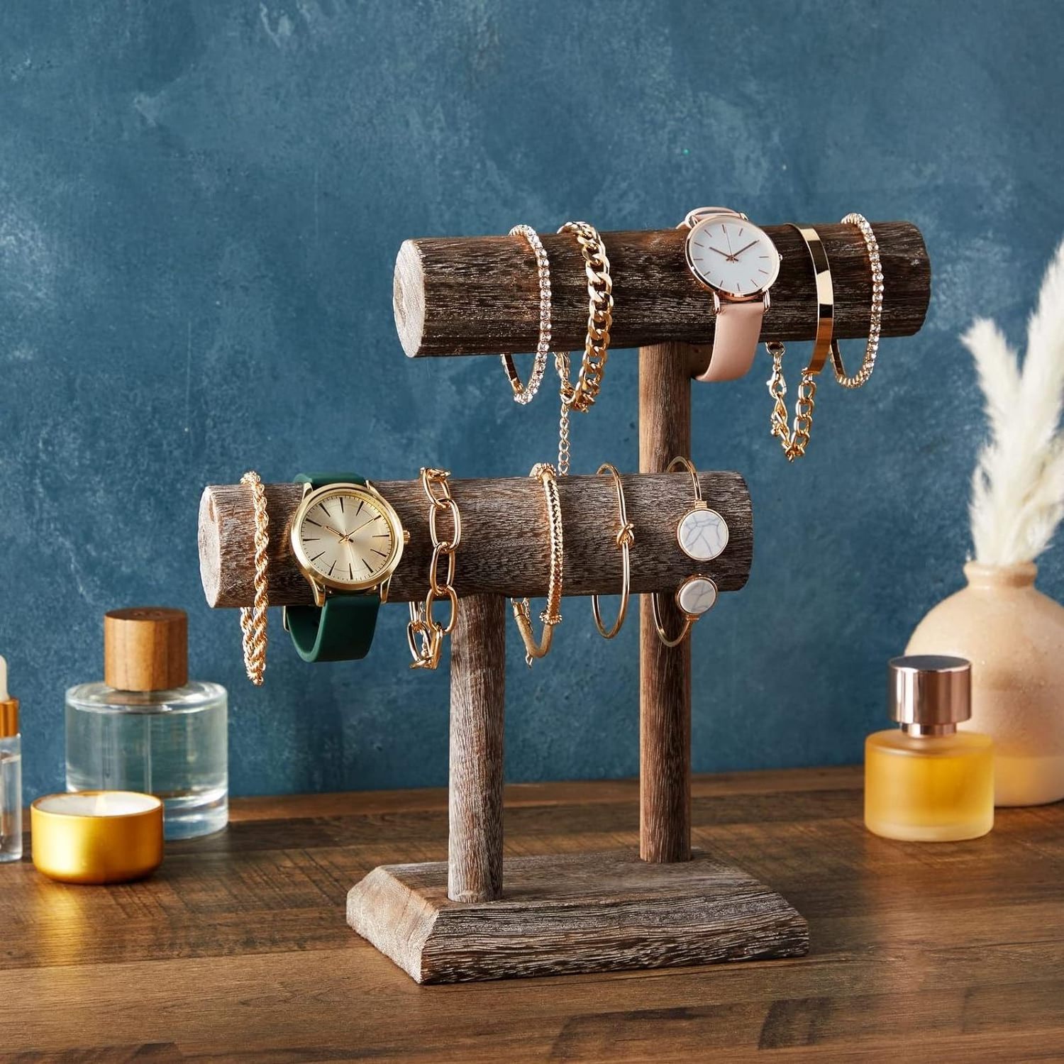 Rustic-Style 2-Tier Jewelry Organizer Stand Wooden T-Bar Necklace Rack Bracelet Holder Display for Selling Bangle Watch Tower