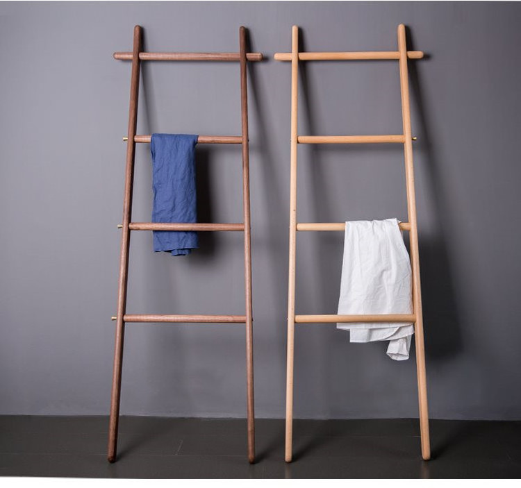 Walnut Wood Free Standing Towel Coat Hat Hook Ladder Rack Organizer Furniture Towel Holders for Jacket Clothes Handbags Umbrella