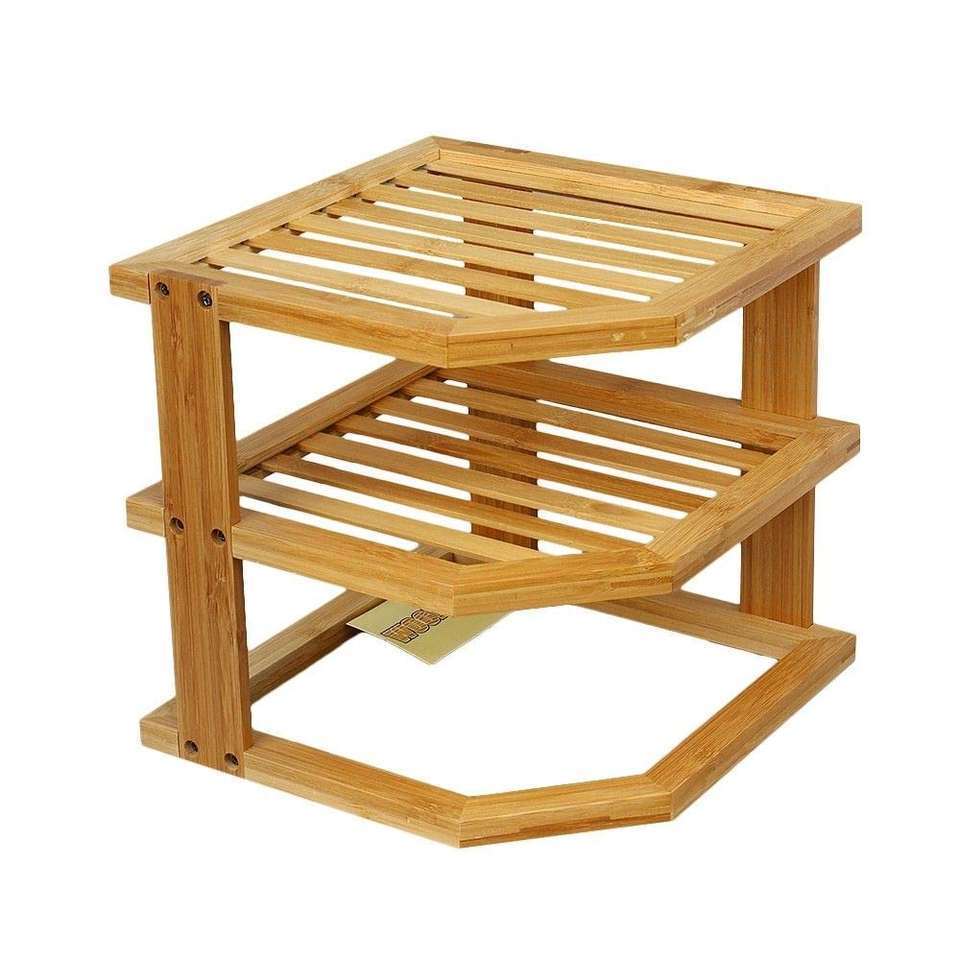 Bamboo Corner Shelf Storage Organizer  3 Tier Kitchen Corner Rack for Plates - Countertop Cabinet & Pantry Organization