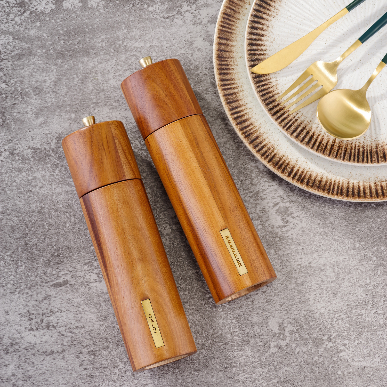 Premium luxury high quality mill wooden customizable abrasives acacia wood salt and pepper grinder set