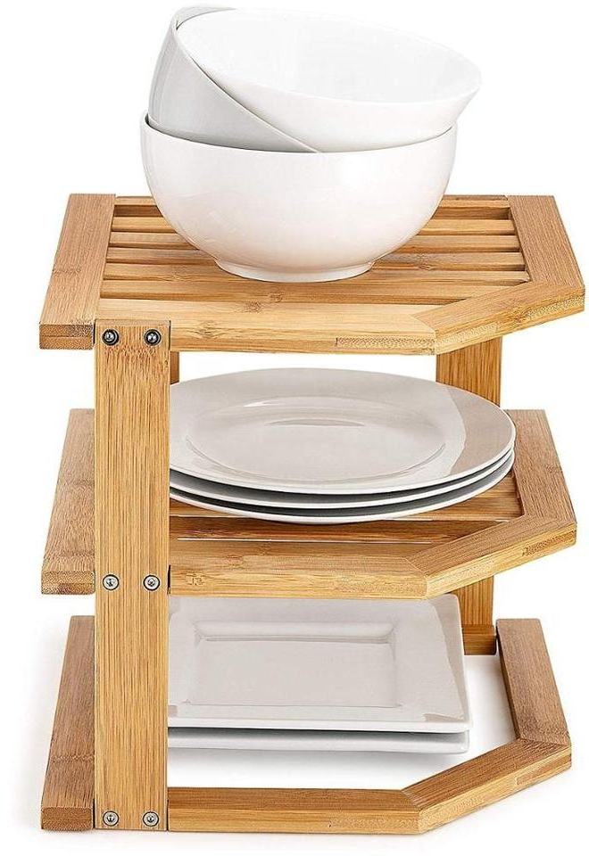 Bamboo Corner Shelf Storage Organizer  3 Tier Kitchen Corner Rack for Plates - Countertop Cabinet & Pantry Organization