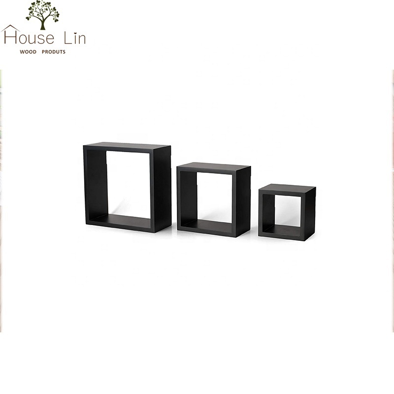 Houselin wooden simple style Black Decorative Wall Square Set 3 Cube Living Room Floating Display Shelf