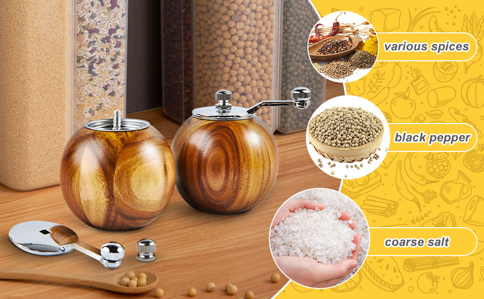 Refillable Round Ball Manual Cute Acacia Wood Salt & Pepper Grinder Mill with Hard Ceramic Grinding Mechanism for Spices &Seeds