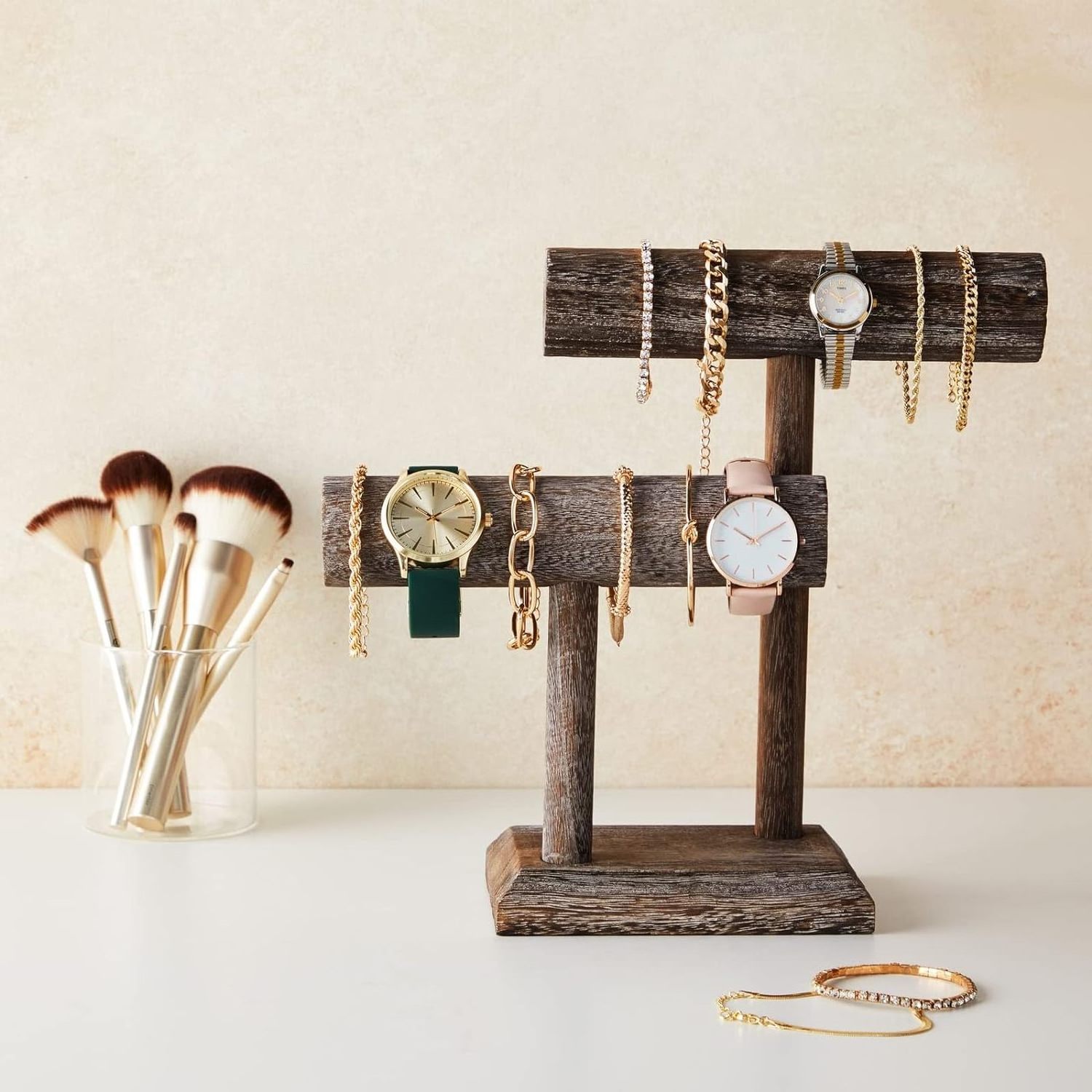 Rustic-Style 2-Tier Jewelry Organizer Stand Wooden T-Bar Necklace Rack Bracelet Holder Display for Selling Bangle Watch Tower